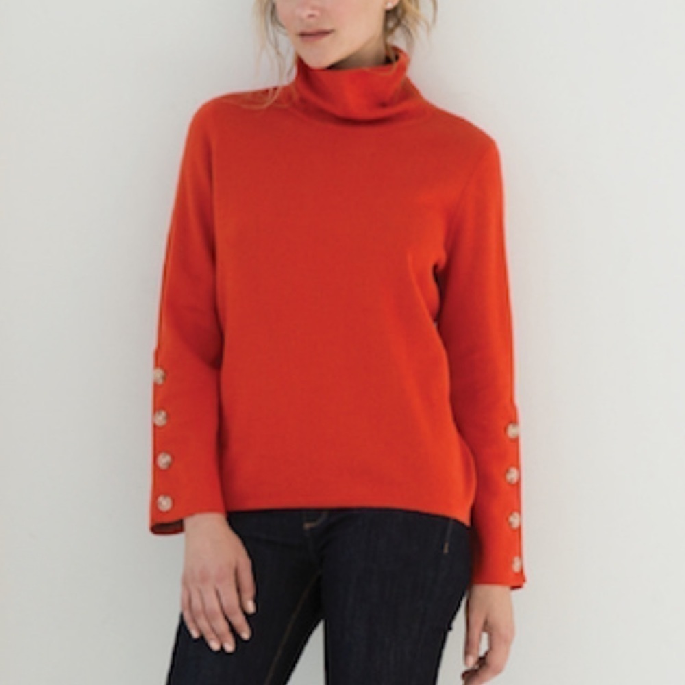 Belford Orange Pima Cotton Long Sleeve Button Turtleneck Top Xs